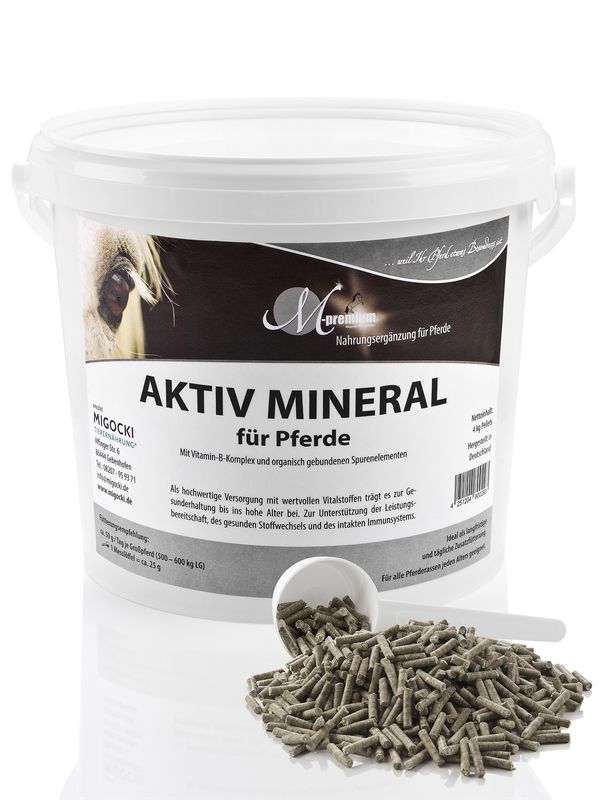 mineralfutter für pferde, eimer mit dosierlöffel, pellets, migocki aktiv mineral klassik