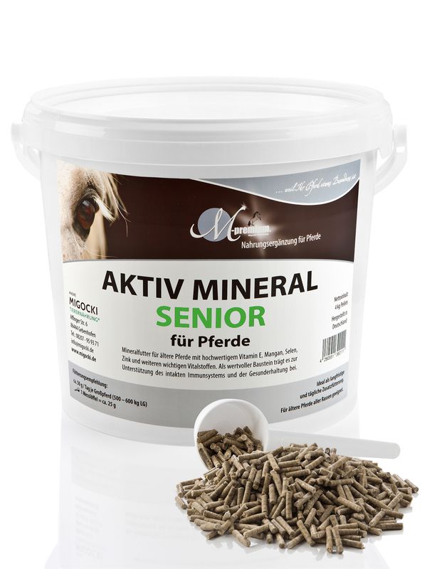 mineralfutter für seniorpferde, eimer mit dosierlöffel, pellets, migocki aktiv mineral senior