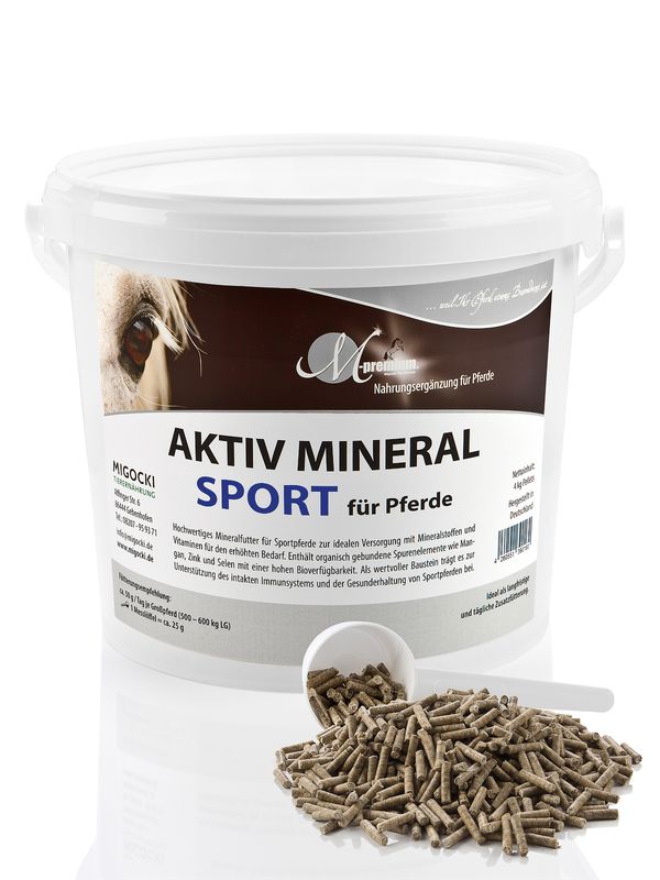 mineralfutter für sportpferde, eimer mit dosierlöffel, pellets, migocki aktiv mineral sport