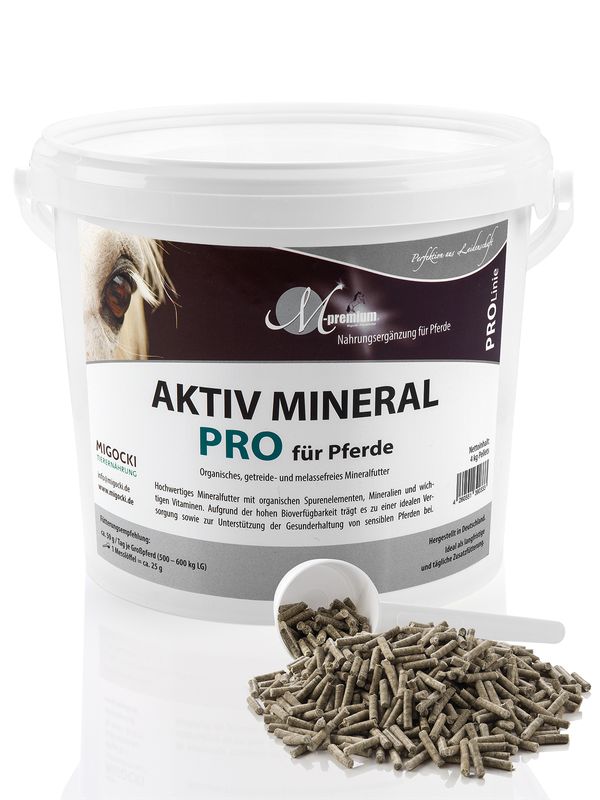 getreidefreies mineralfutter für pferde, eimer mit dosierlöffel, pellets, migocki aktiv mineral pro, pferdefütterung getreidefrei