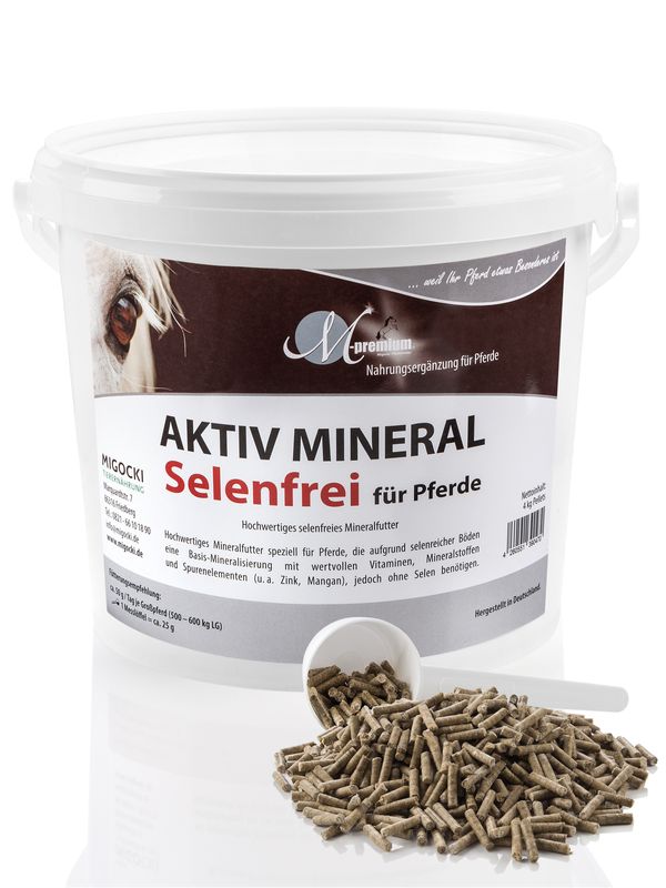 selenfreies mineralfutter für pferde, eimer mit dosierlöffel, pellets, migocki aktiv mineral selenfrei, pferdefütterung selenüberschuss